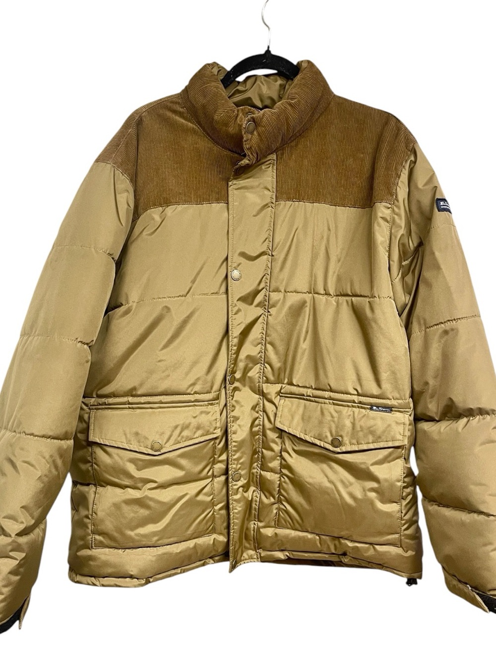 Ben Sherman Men’s Puffer Jacket Corduroy Yoke Tan Brown Full Zip Snap Coat Sz XL